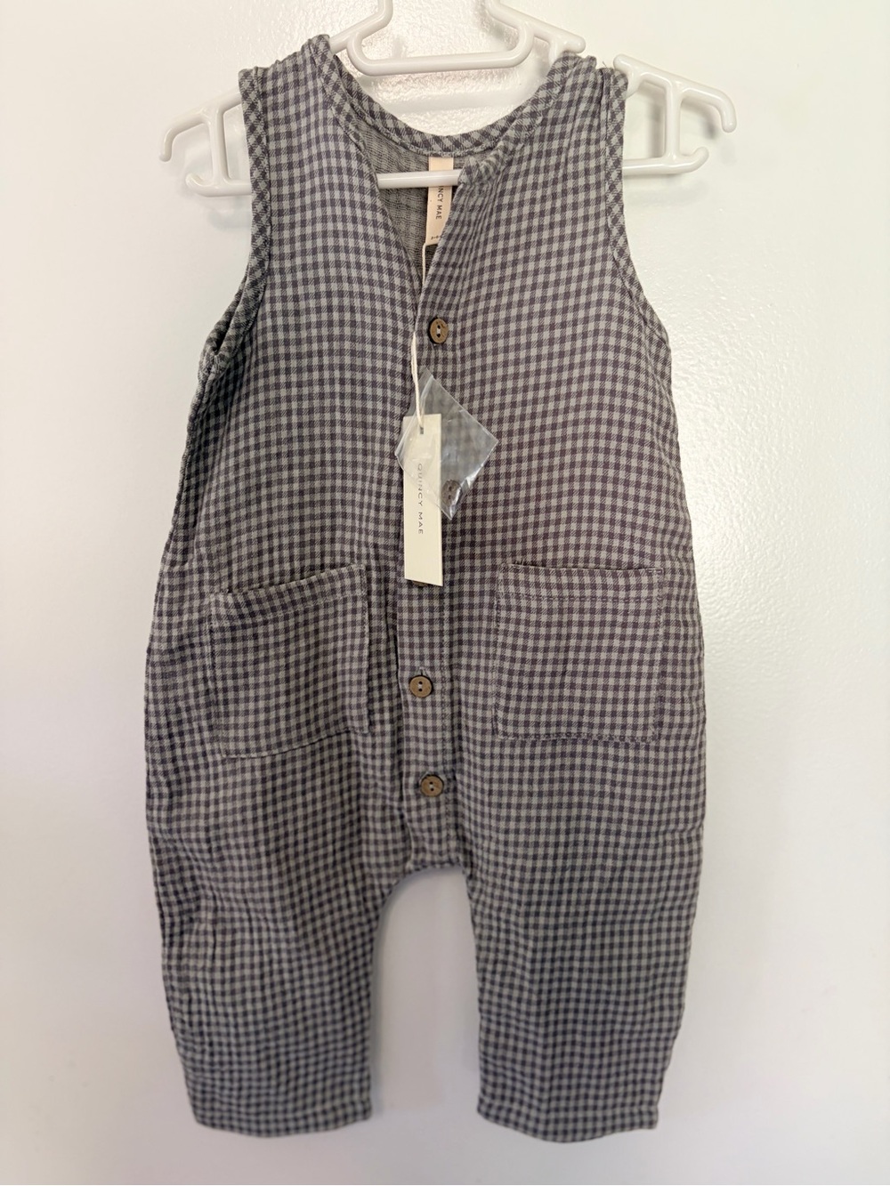 Quincy Mae Gray Gingham Sleeveless Button Romper